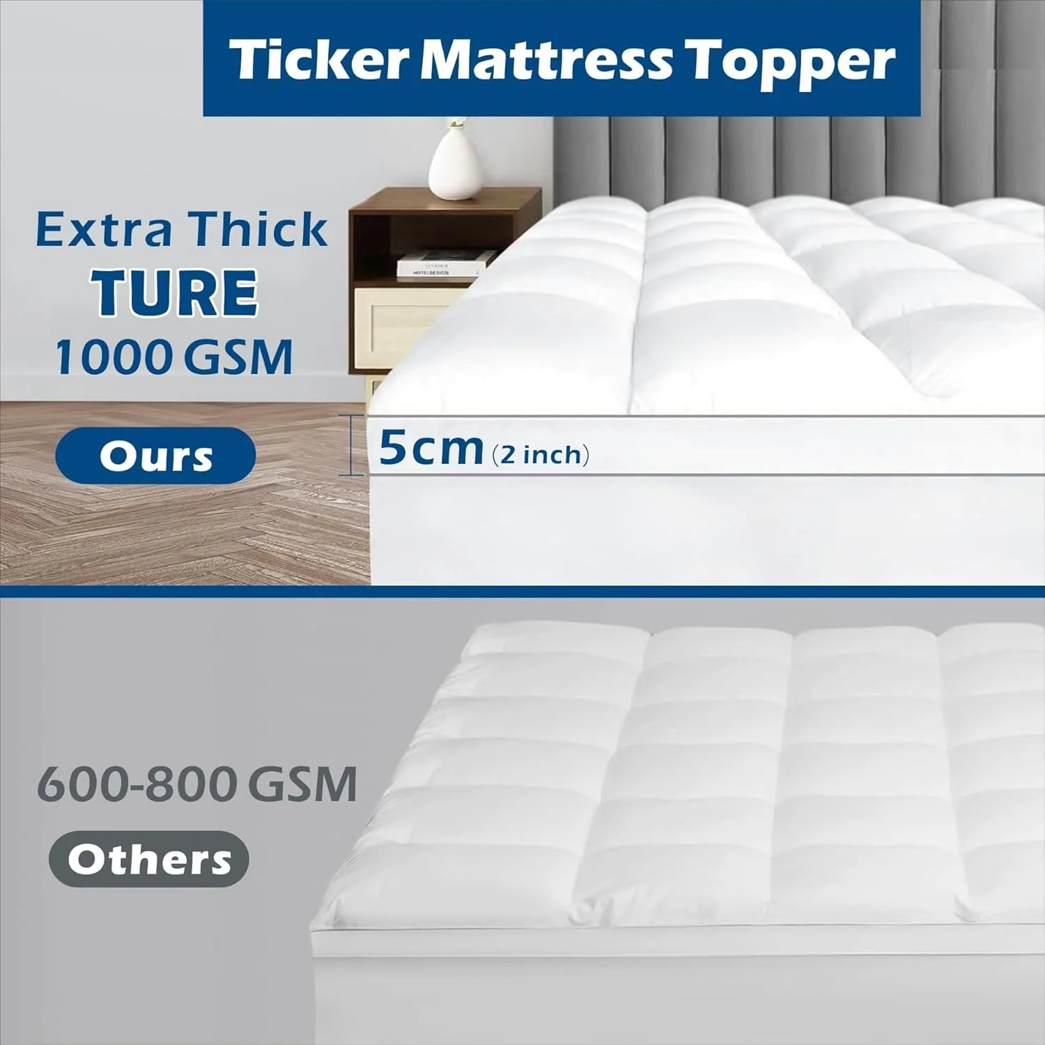 Giselle Bedding | Bamboo Viscose Pillowtop Mattress Topper | 1000GSM | Queen | Beige - Image 5