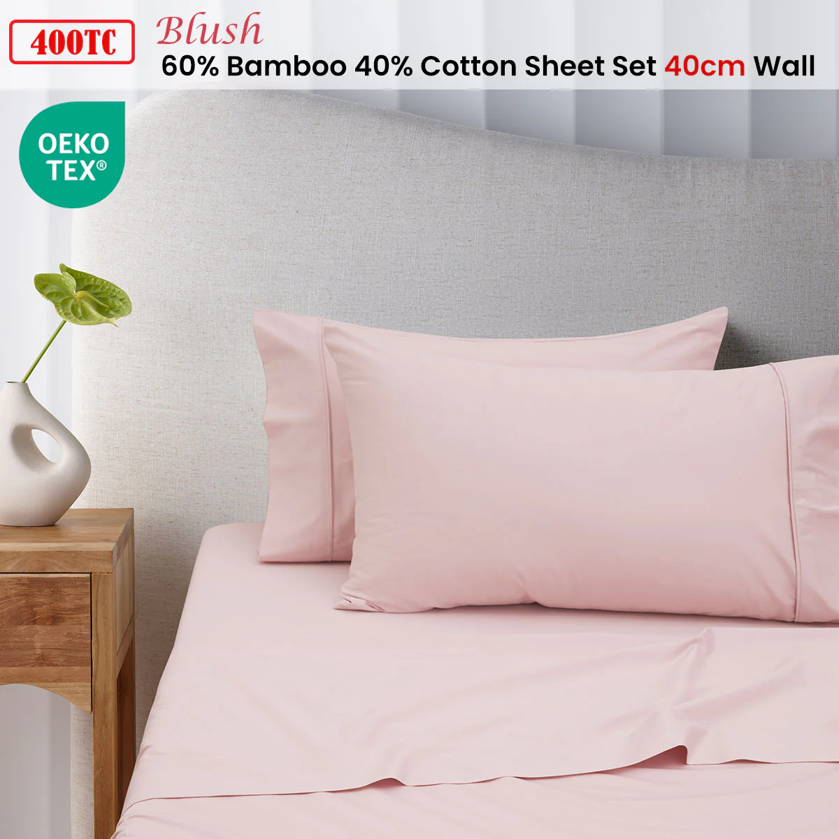 Accessorize | Bamboo Cotton Sheet Set | 400TC | Single | Blush - Image 2