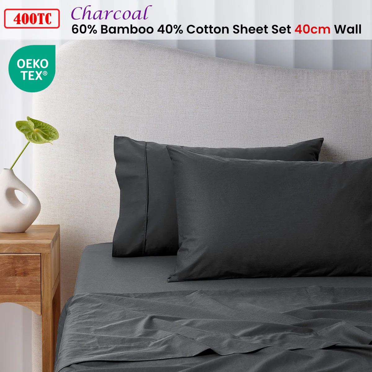 Accessorize | Bamboo Cotton Sheet Set | 400TC | Single | Charcoal - Image 2