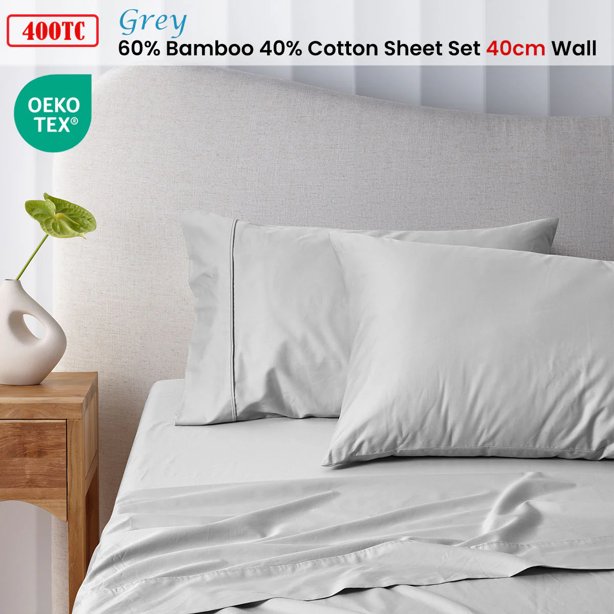 Accessorize 400TC Grey Bamboo Cotton Sheet Set 40cm Wall King Single - Image 2