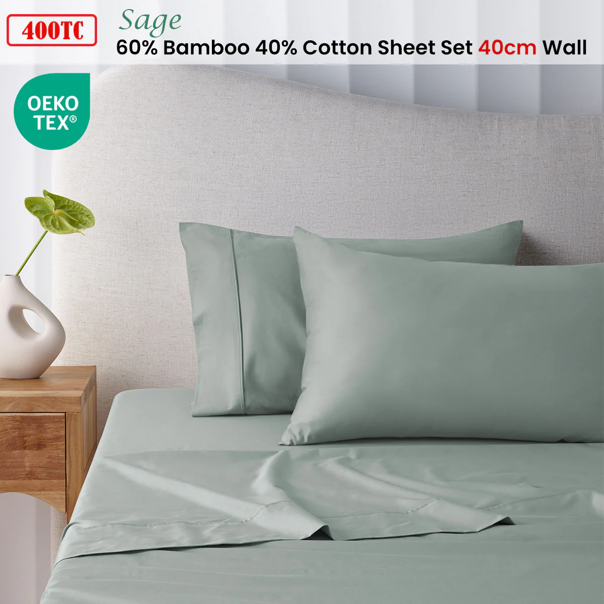 Accessorize 400TC Sage Bamboo Cotton Sheet Set 40cm Wall King Single - Image 2