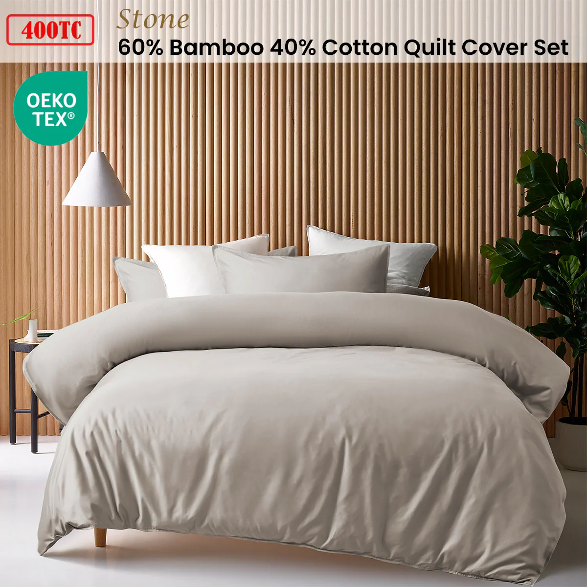Accessorize | Bamboo Cotton Quilt Cover Set | 400TC | King | Stone - Image 2