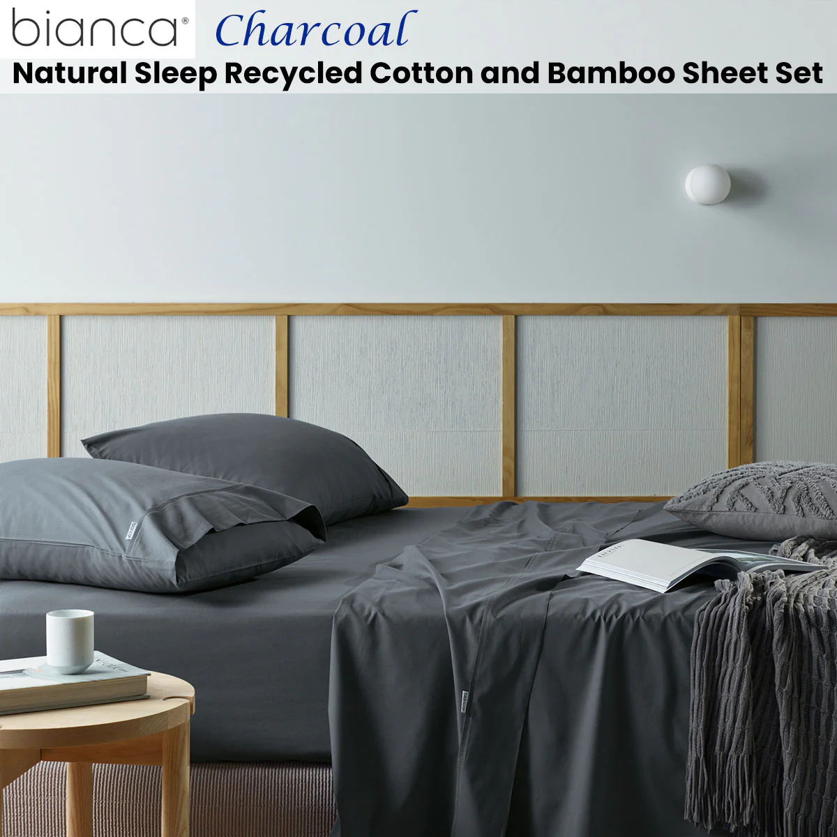 Bianca | Recycled Cotton Bamboo Sheet Set | Double | Charcoal - Image 2