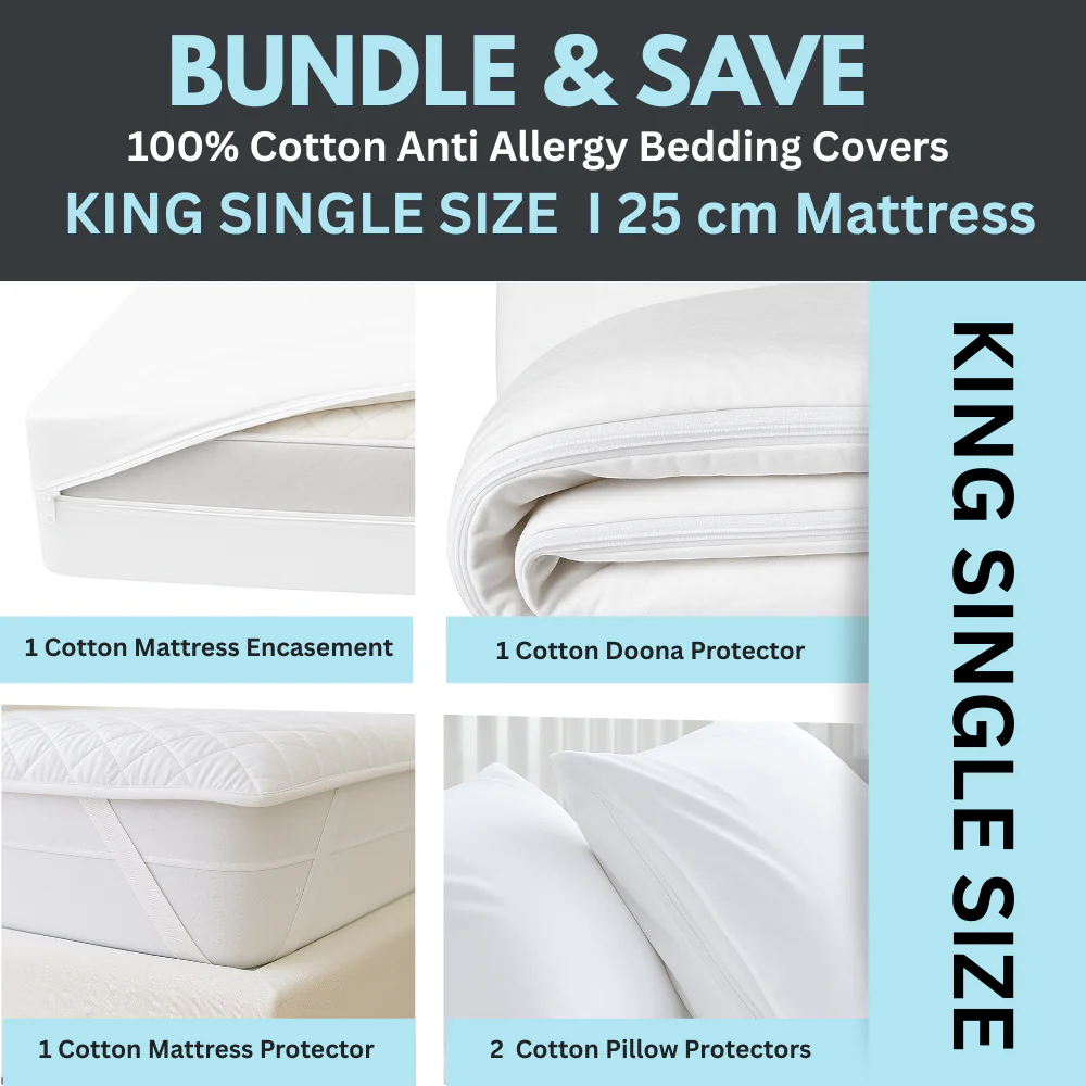 Dust Mite Covers for Bed Complete Set | 100% Cotton | KING SINGLE | 25cm Mattress - Image 7