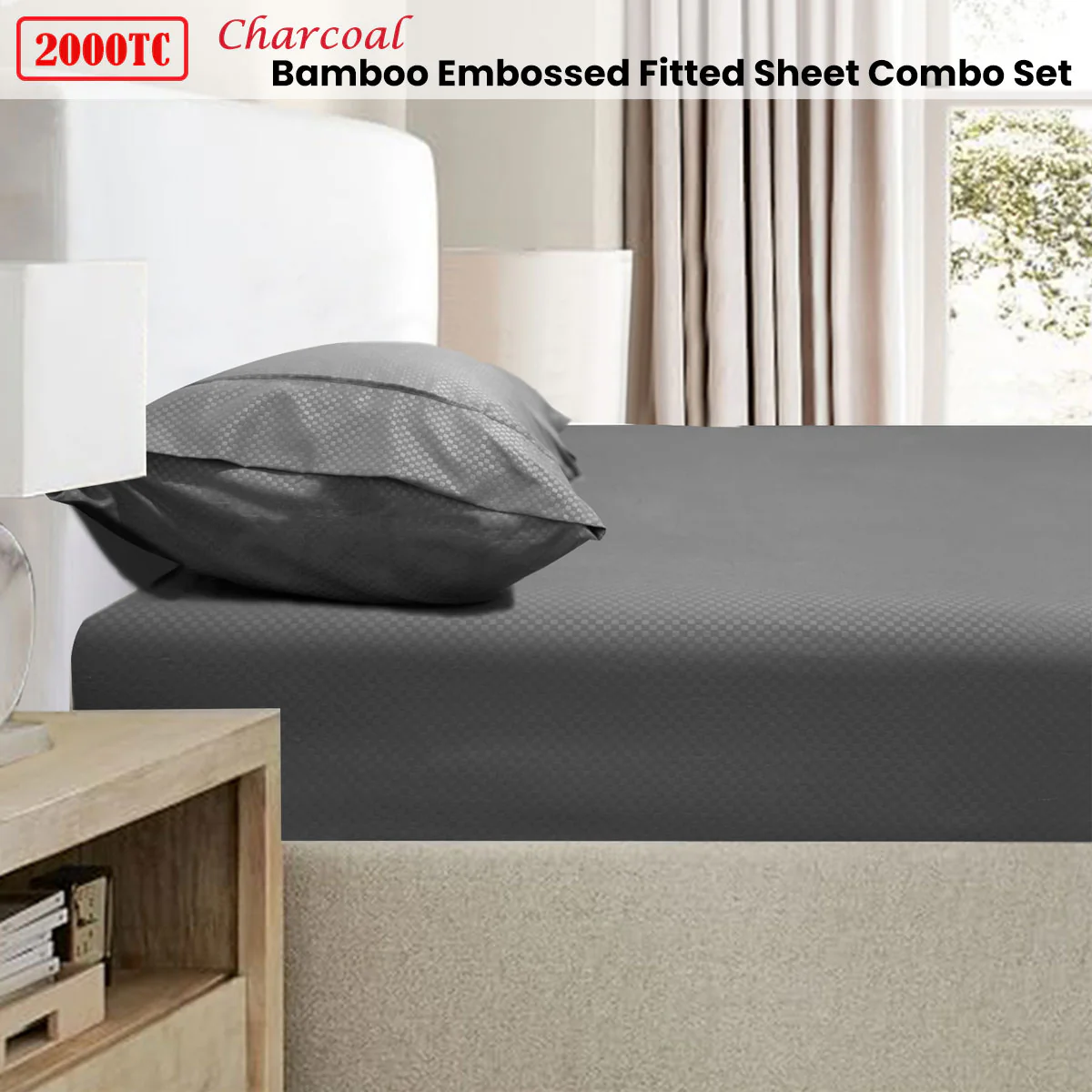 Ramesses 2000TC Bamboo Embossed Fitted Sheet Combo Set Charcoal King Single - Image 2